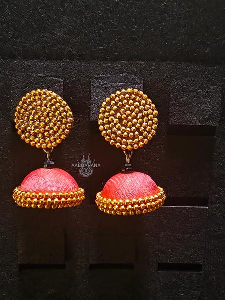 Handmade Deep Reddish Peach Color Fabric Jhumki with Big Ball Chain Studs