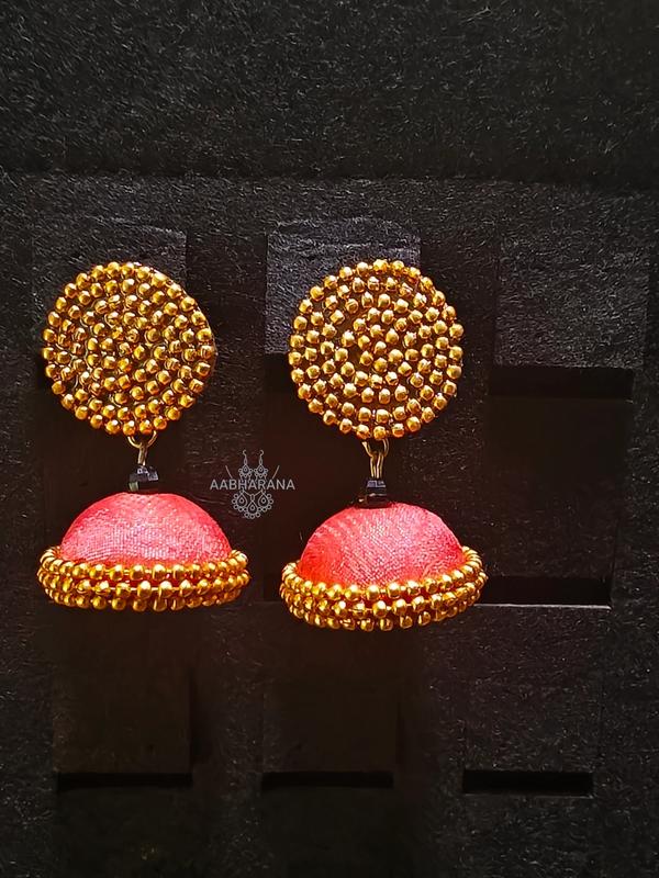 Handmade Deep Reddish Peach Color Fabric Jhumki with Big Ball Chain Studs