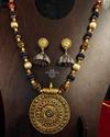 Handcrafted Navy Blue & Cream Silk Thread Bead Long Terracotta pendant Necklace Set 1