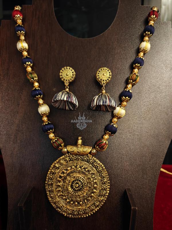 Handcrafted Navy Blue & Cream Silk Thread Bead Long Terracotta pendant Necklace Set