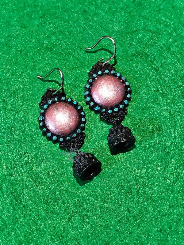 Hand-Painted Rose Pink Terracotta Small Jhumka Danglers with Teal Accents