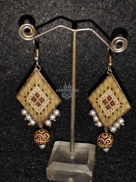 Patola Print Handmade Paper Earrings - Ethnic Diamond Shape with Pearl Drops & Terracotta Beads