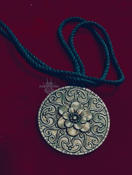 Handmade Oxidized Silver-Finish Terracotta Floral Mandala Pendant Necklace