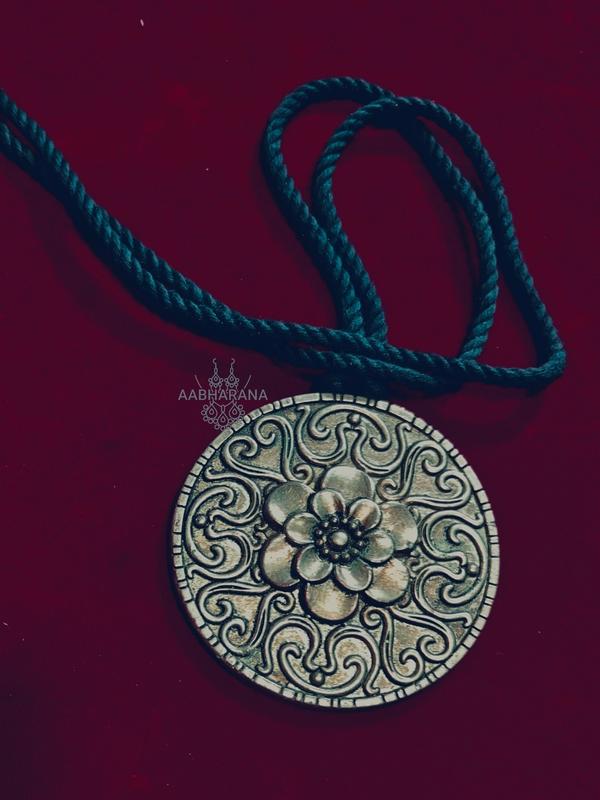 Handmade Oxidized Silver-Finish Terracotta Floral Mandala Pendant Necklace