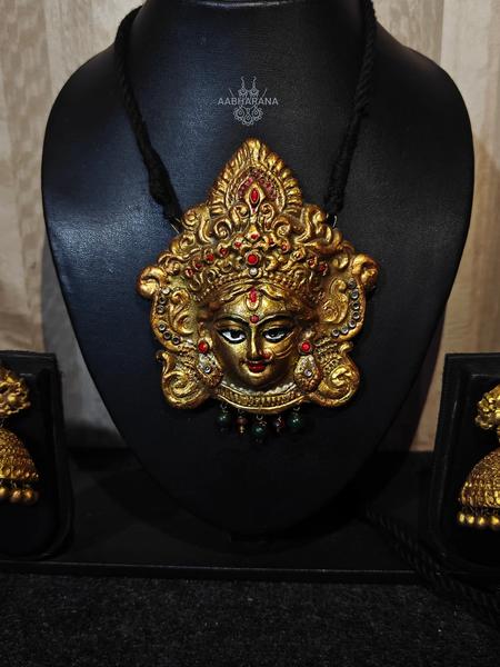 Handmade Terracotta Goddess Durga Jewelry Set | Antique Gold Clay Necklace with Jhumkas 