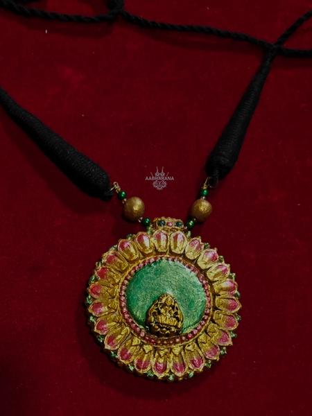Traditional Kerala Style Palakka Necklace- Terracotta Lotus Pendant with Goddess Lekshmi Motif"