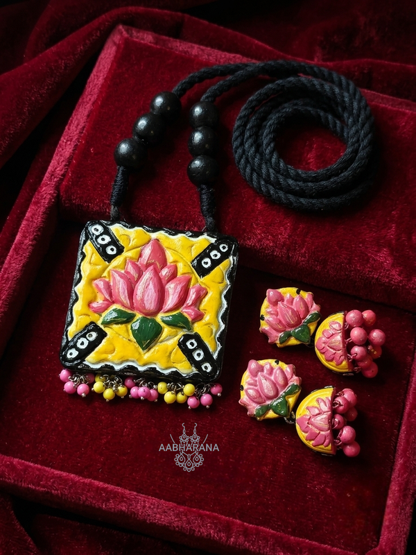 Handcrafted Yellow & Pink Lotus Terracotta Jewelry Set with Matching Earrings