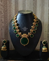 Green Enamel Painted Round Motifs Kerala Traditional Antique Gold Necklace Set with Earrings 1