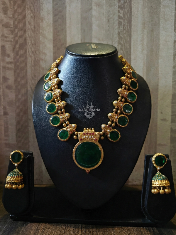 Green Enamel Painted Round Motifs Kerala Traditional Antique Gold Necklace Set with Earrings