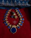 Blue Enamel Painted Round Motifs Kerala Traditional Antique Gold Necklace Set with Earrings 2