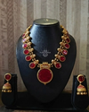 Red Enamel Painted Round Motifs Kerala Traditional Antique Gold Necklace Set with Earrings 1