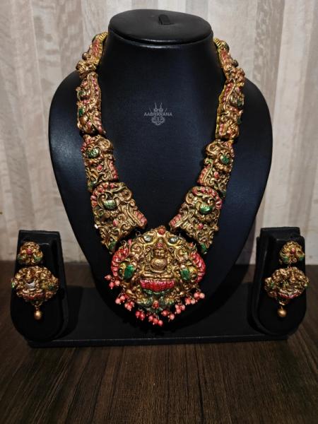 Goddess Lakshmi Antique Long Haram Bridal Set - Traditional Temple Jewellery & Earrings