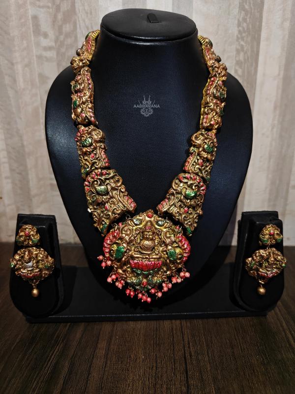 Goddess Lakshmi Antique Long Haram Bridal Set - Traditional Temple Jewellery & Earrings