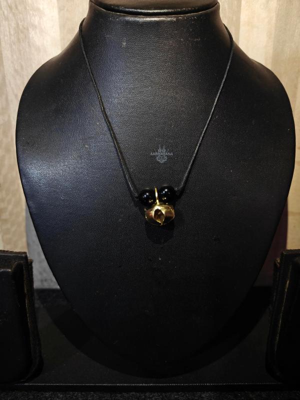 Handmade Brass Bell Mala Necklace with Black Onyx Beads on Leather Cord