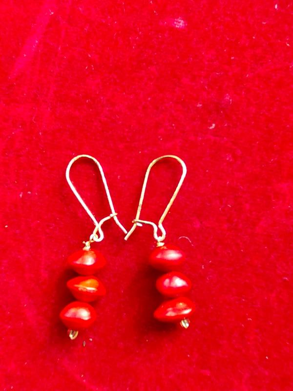 Triple Manjadi Seed Dangle Earrings / Natural Red Seed Drop Earrings
