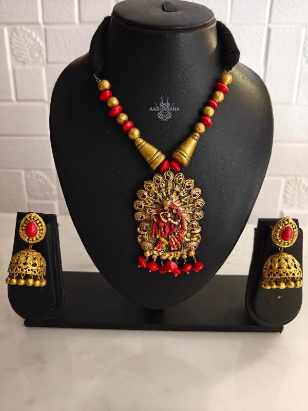 Handmade Radha Krishna Terracotta Necklace Set | Antique Gold & Crimson Red Clay Jewellery Set