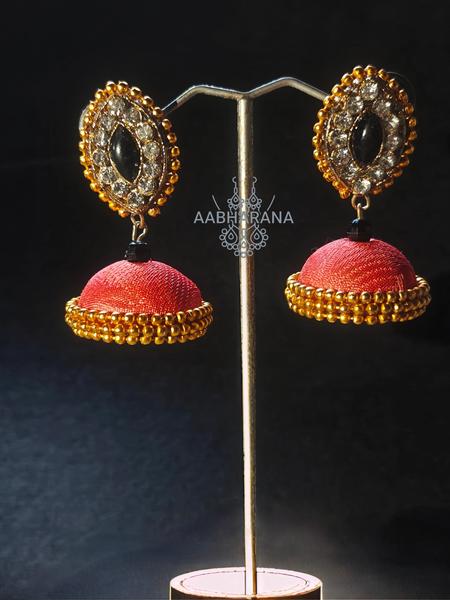 Handmade Deep Reddish Peach Color Fabric Jhumki with Black Kundan Stone Studs