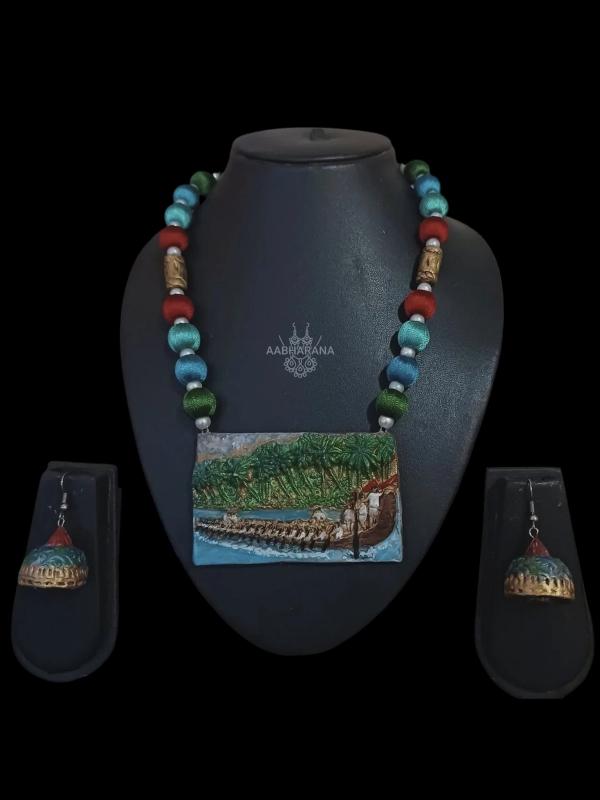 Kerala Boat Race Hand painted Terracotta Jewelry Set-Traditional Vallam Kali Clay Necklace & Jhumkas