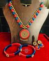 ​Handmade Silk Thread Necklace and Earring Set with Matching Bangles (Pink & Blue) 1