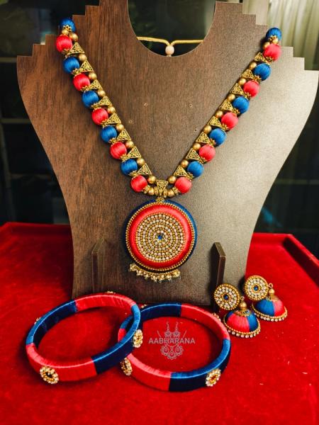 ​Handmade Silk Thread Necklace and Earring Set with Matching Bangles (Pink & Blue)