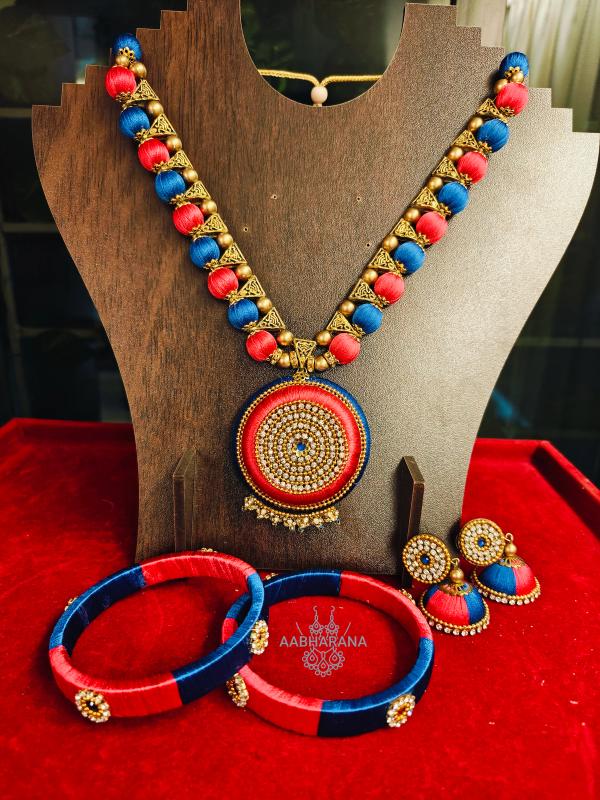Handmade Silk Thread Necklace and Earring Set with Matching Bangles (Pink & Blue)