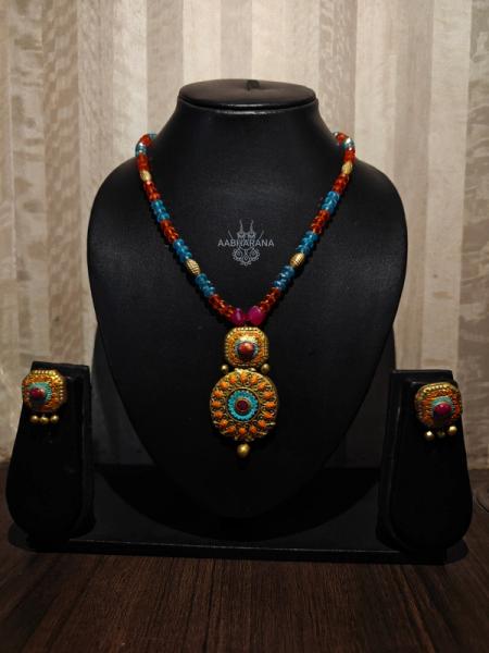 Festive Wear Blue & Orange Beaded Necklace Set with Handcrafted Antique Pendant