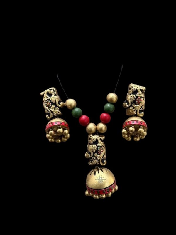 ​Traditional Terracotta Jewelry Set with Peacock Motif and Golden Jhumki