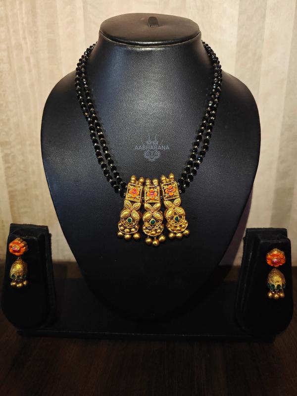 Black Beaded Mangalsutra Model Necklace with Jhumka Earrings