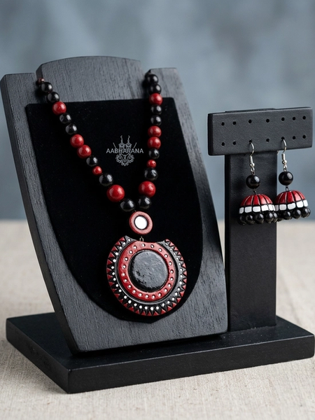 Handmade Black & Crimson Red Terracotta Jewelry Set with Mirror Pendant & Matching Jhumkas