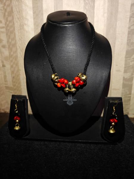 ​Traditional Manjadi (Red Lucky Seeds) Mala with Brass Bells and Earrings