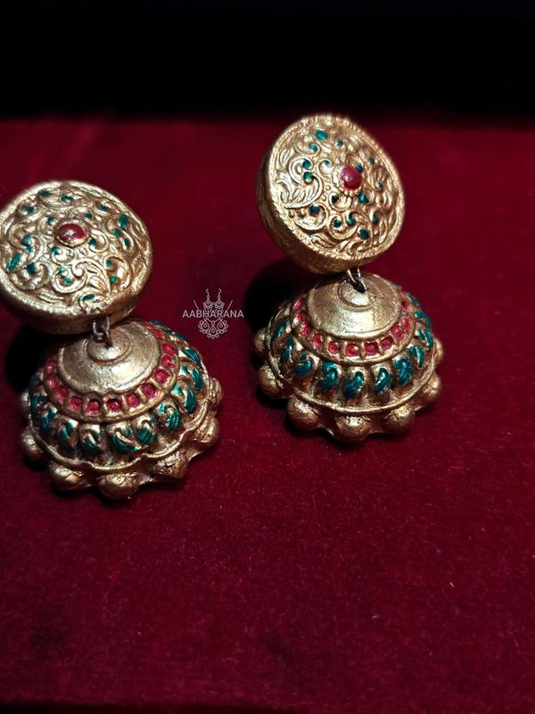 Antique Gold Handmade Terracotta Jhumka Earrings with Red & Green Accents