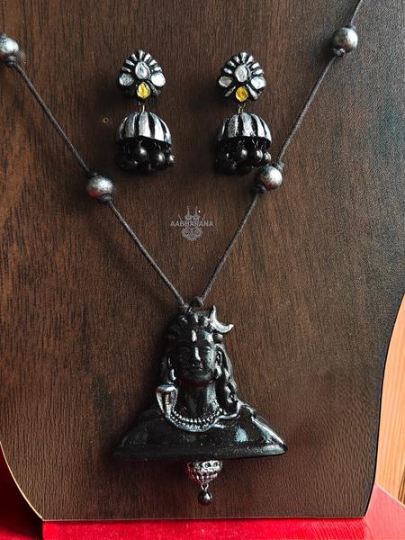 Handcrafted Adi Yogi Shiva Terracotta Jewelry Set; in Oxidized Silver & Antique Gold Variants