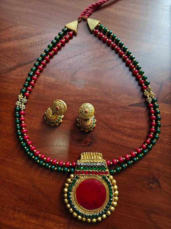 Handmade Terracotta Necklace Set | Traditional Kerala Palakka Design Red & Green Beaded Jewelry set