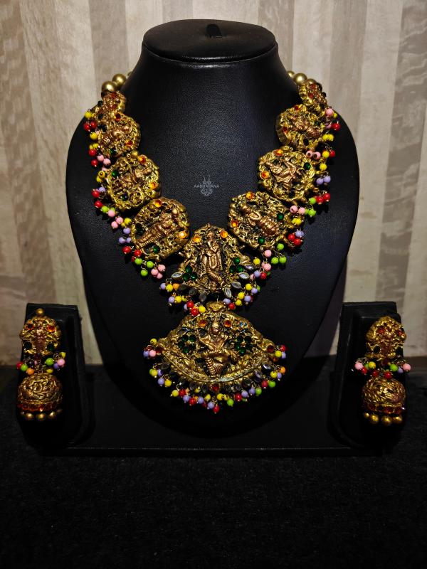Handmade Dashavataram Terracotta Jewellery Set - Traditional Clay Necklace & Jhumkas