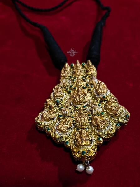 Handmade Terracotta Temple Jewellery Pendant with Goddess Lakshmi Motifs and Green Accents