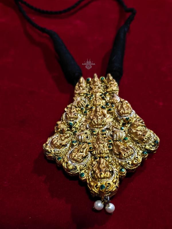Handmade Terracotta Temple Jewellery Pendant with Goddess Lakshmi Motifs and Green Accents