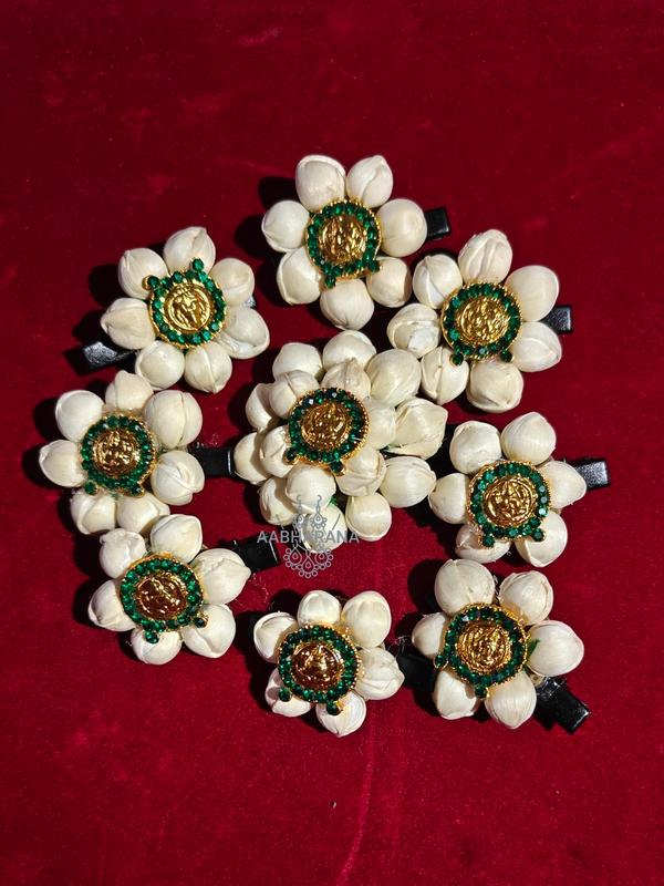 Artificial Jasmine Bud Hair Clips-Traditional Bridal Jada Billu Set with Gold Laxmi Center(Set of 9)