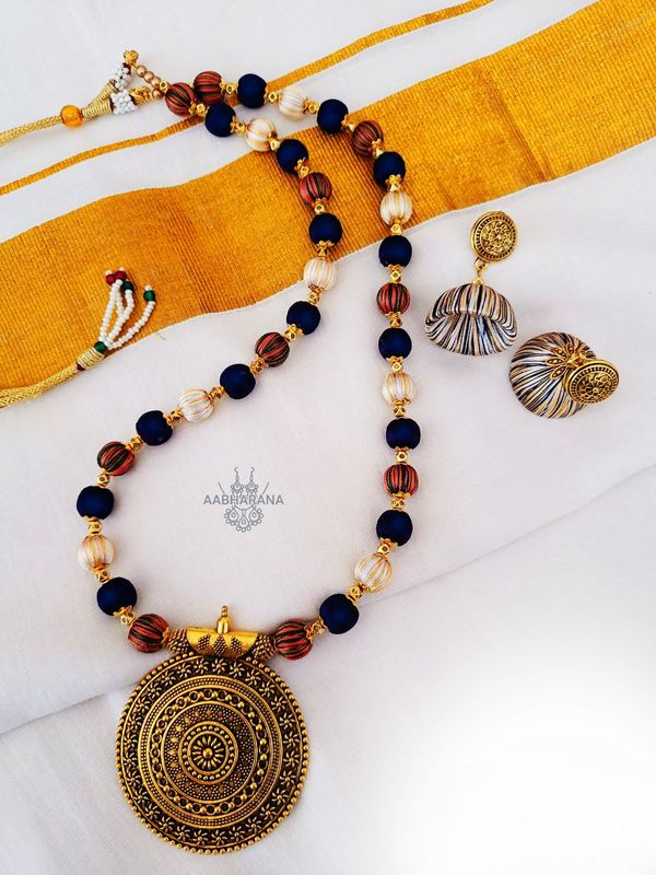 Handcrafted Navy Blue & Cream Silk Thread Bead Long Terracotta pendant Necklace Set