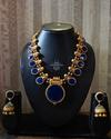 Blue Enamel Painted Round Motifs Kerala Traditional Antique Gold Necklace Set with Earrings 1