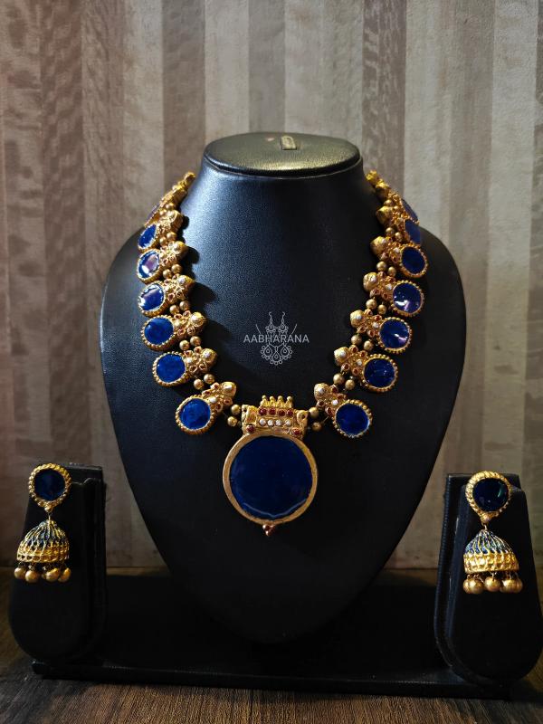 Blue Enamel Painted Round Motifs Kerala Traditional Antique Gold Necklace Set with Earrings