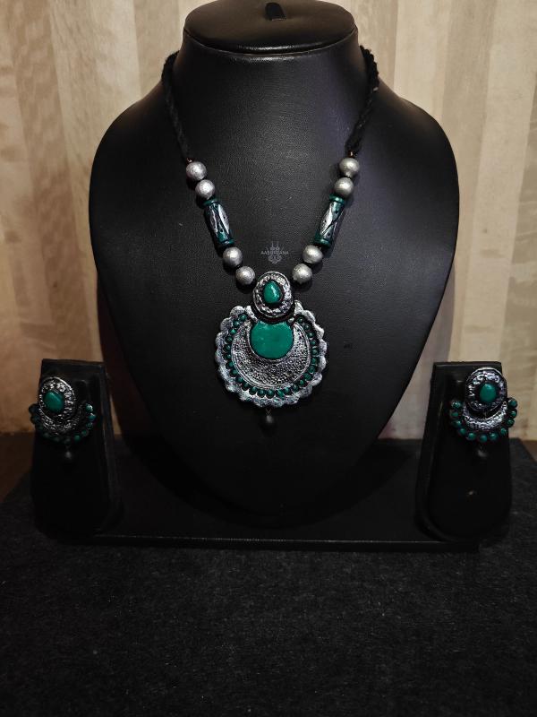 Handcrafted Oxidized Silver-Look Terracotta Necklace Set with Emerald Green Accents
