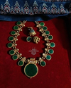 Green Enamel Painted Round Motifs Kerala Traditional Antique Gold Necklace Set with Earrings 2