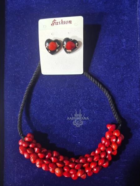 Traditional Kerala Manjadi Mala Necklace and Earring Set – Handcrafted Red Lucky Seed Jewelry