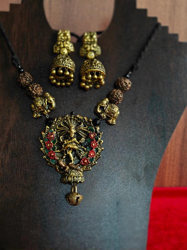 Handcrafted Antique Gold Nataraja Terracotta Jewelry Set with Elephant Motifs