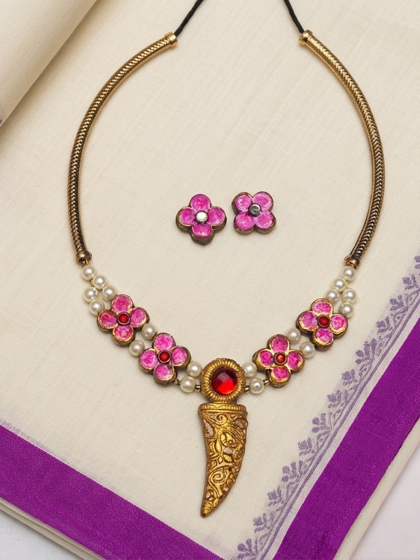 Handcrafted Floral Terracotta Necklace Set with Matching Stud Earrings
