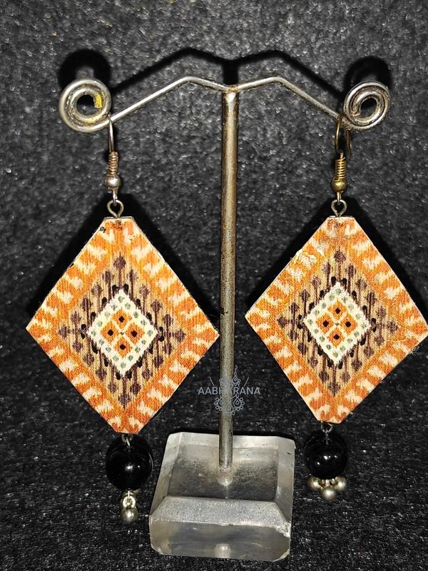 Patola Print Handmade Paper Earrings - Ethnic Diamond Shape with Drops
