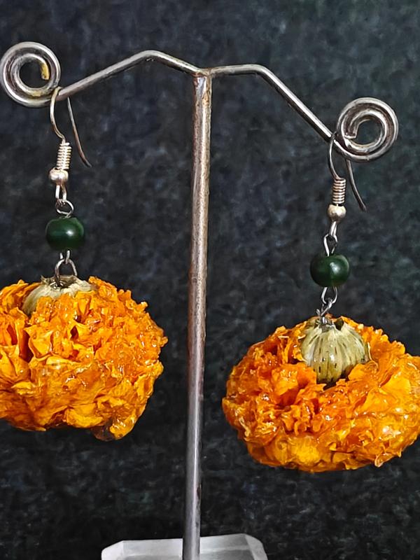 Marigold Flower Resin Earrings with Green Bead Accents