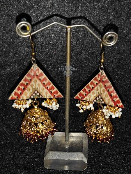 Kalamkari Print Handmade Paper Earrings - Ethnic Triangular Shape with Drops & Big Terracotta Jhumka