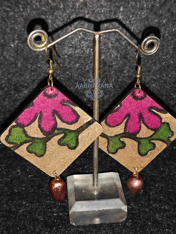 Hand-Painted Floral MDF Wooden Drop Earrings - Pink & Green Folk Art Jewelry