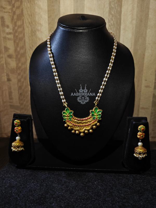 Hand painted Terracotta Pendant Necklace Set with Pearl Mala and Matching Jhumki Earrings